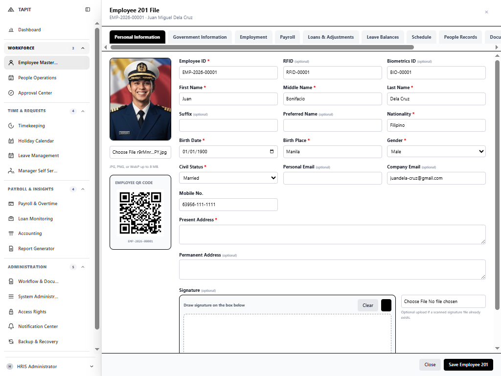 TAPIT digital Employee 201 screen showing employee details and HR records
